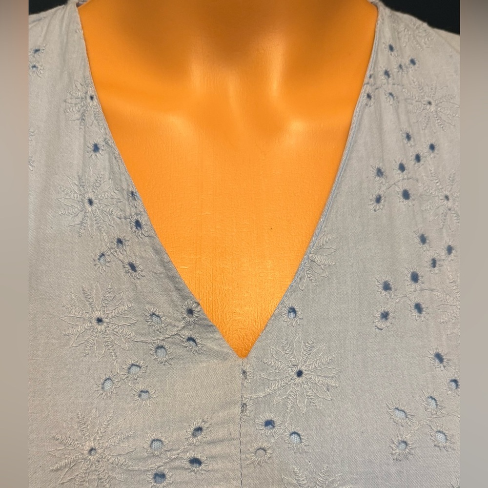 Light Blue Eyelet Dress Cotton V Neck Ruffle Sleeve Mini Cottagecore S - Picture 3 of 9